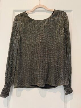 Banana Republic Metallic Gunmetal Long-Sleeve Pleated Blouse